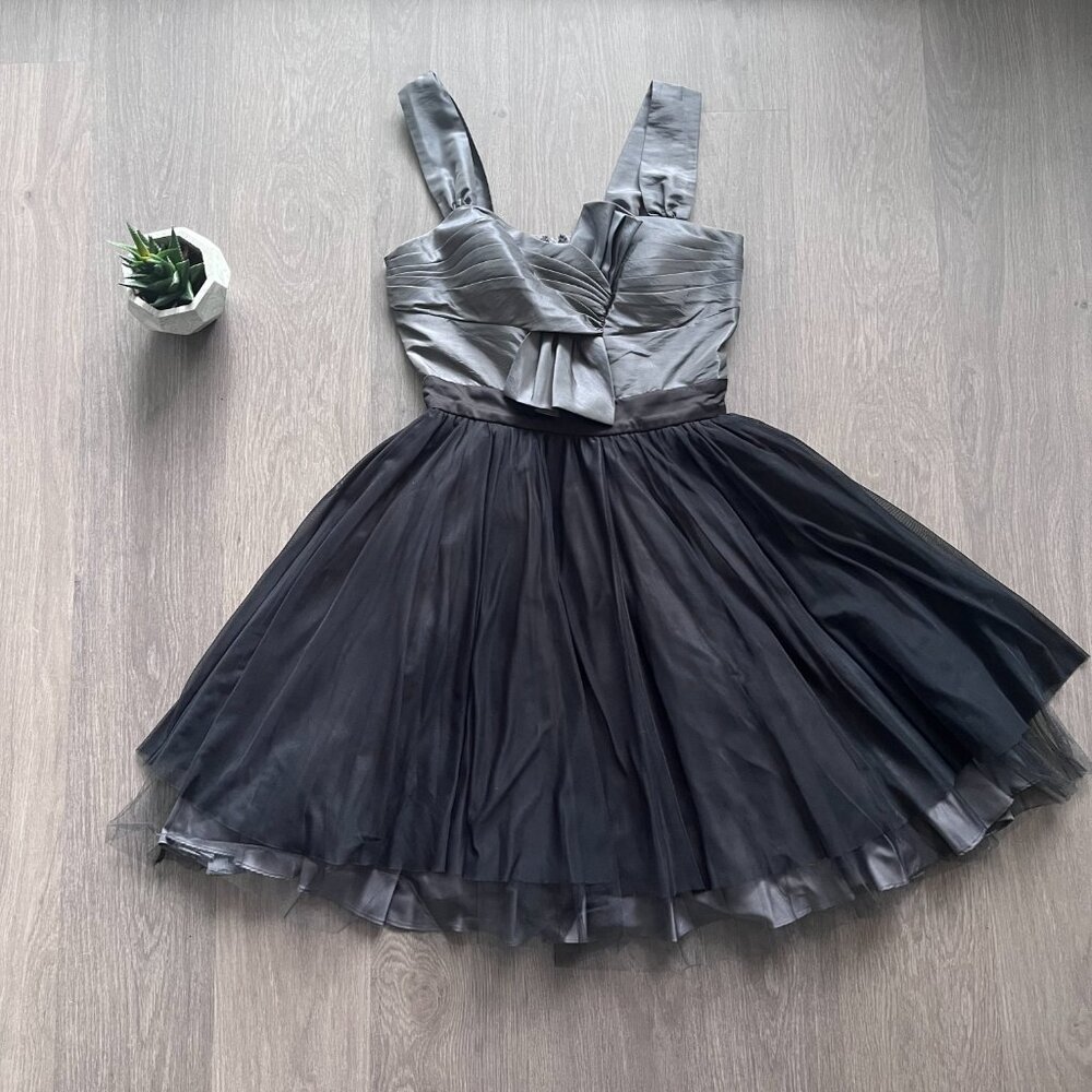 Max & Cleo Grey & Black Sleeveless Tulle Mini Dress with Bow Detail